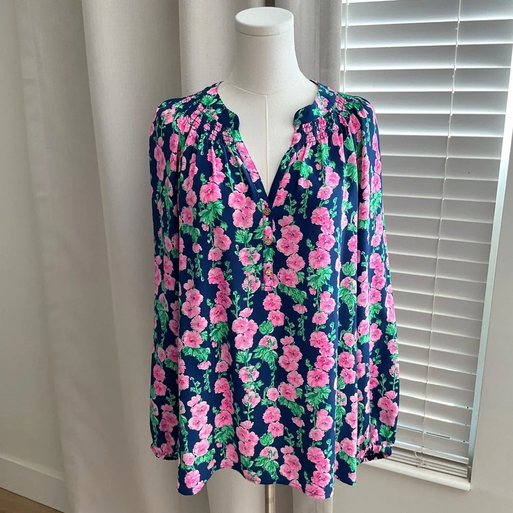 Lilly Pulitzer Women's Elsa Top 100% Silk Blouse Oyster Bay Navy Devine XL